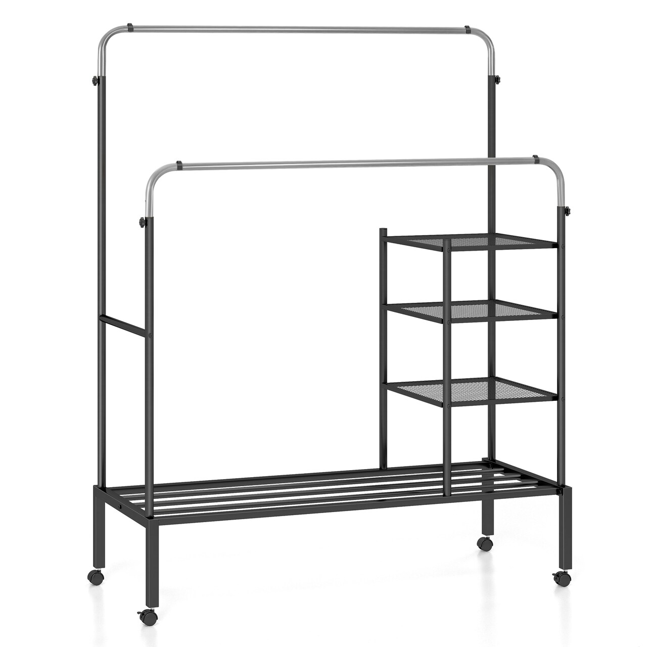 Adjustable Double Rod Clothes Drying Rack with 3-Tier Mesh Shelf Heavy Duty Steel Frame